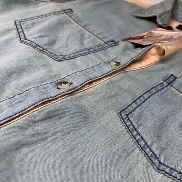 NEW BDG Frankie Chambray Plaid Peach Light Denim Flannel Button-up Western Shirt - Picture 6 of 15